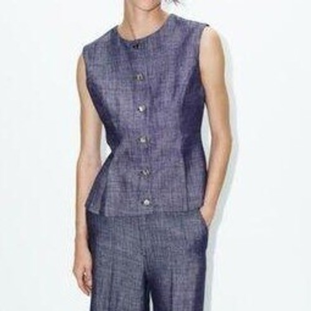 Zara Linen Blend Vest Top Womens Large Blue NWT Button Front Peplum Sleeveless